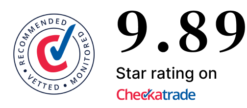 Checkatrade logo and 9.89 star rating for roofing services